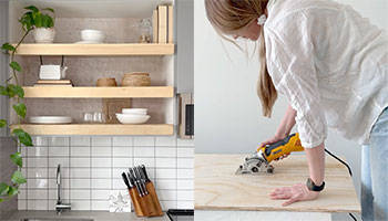 Woman cutting up wood for floating shelves